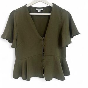 Topshop Green Button Up Peplum Top Size 4 Short Sleeve